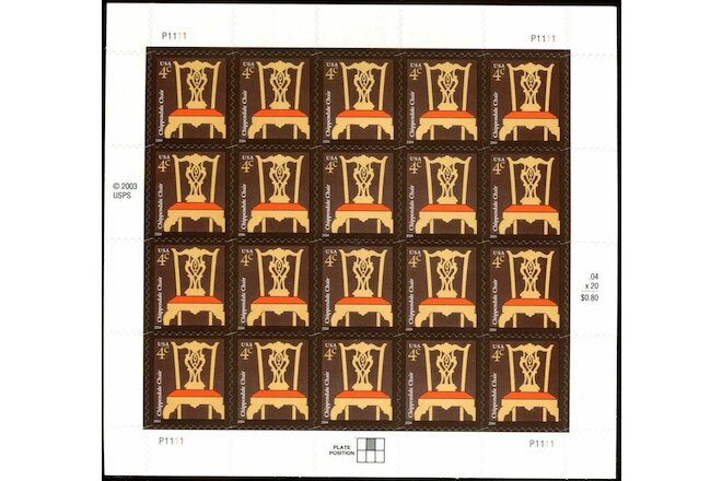 MINT Sheet of 20 CHIPPENDALE CHAIR STAMPS: Early American, 1760-1765, Americana
