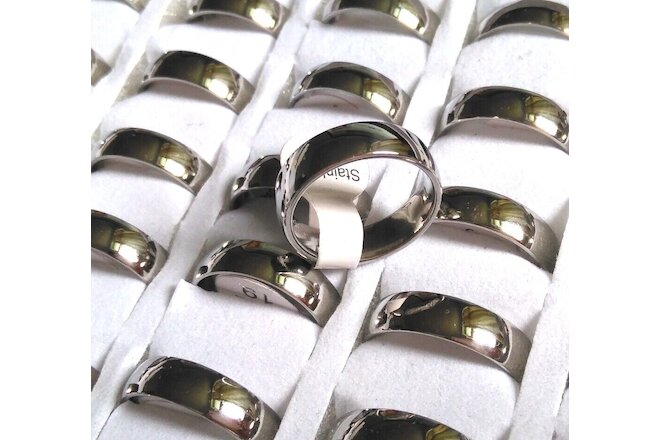 25 Silver 6mm Classic 316L Stainless Steel Wedding Rings Unisex Band 17-21mm mix