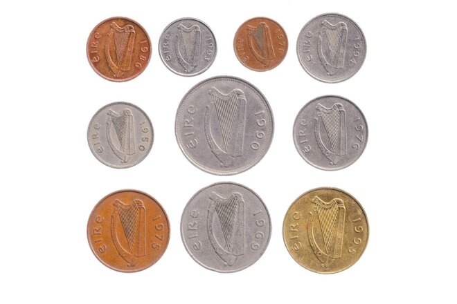 10 IRISH COINS. OLD IRELAND MONEY COLLECTION: PENNY, PENCE, FLORIN, SHILLING