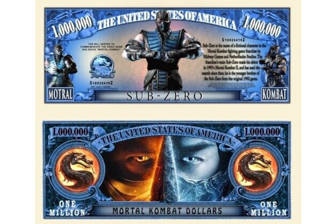 Sub-Zero Mortal Kombat 11 Pack of 25 Collectible Novelty 1 Million Dollar Bills
