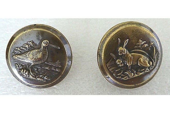 2 Antique Victorian Crown Hunting Sport 1" Brass Metal Buttons, Rabbit & Bird
