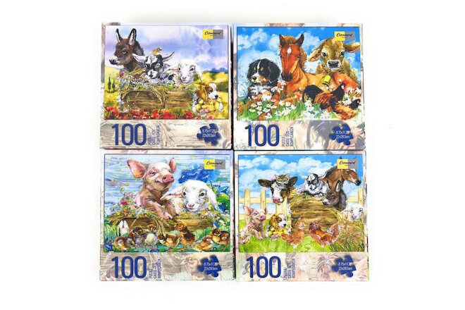 Lot 4 100 Piece Jigsaw Puzzles Kids Horses Cows Puppies Goat Kittens Easter Toys