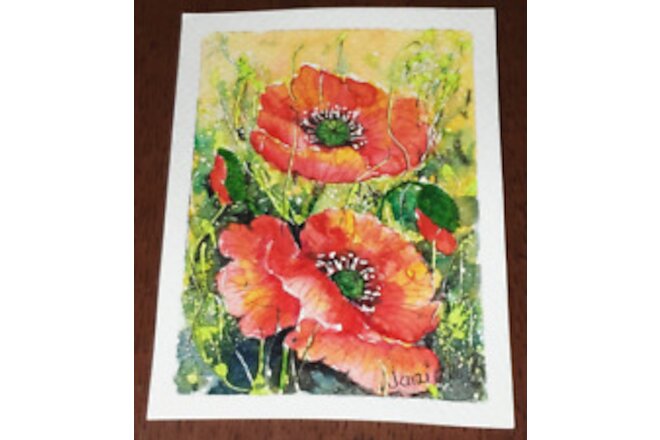 Original ACEO WATERCOLOR PAINTING RED POPPIES #3 FLOWERS ART CARD Jarirka B.