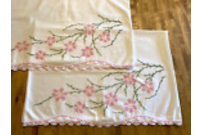 SET PAIR OF Vintage Hand Embroidery Crochet Edge Tube Pillowcases - Pretty Pinks