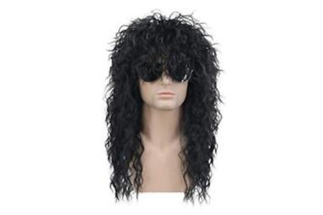 70s 80s Rocker Metal Mullet Wig Mens Long Curly Black Party Wig Halloween Cos...