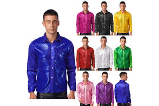 Men's Long Sleeve Shirt Sequin Shiny Tops Silky Smooth Shirts Raves Clubwear US