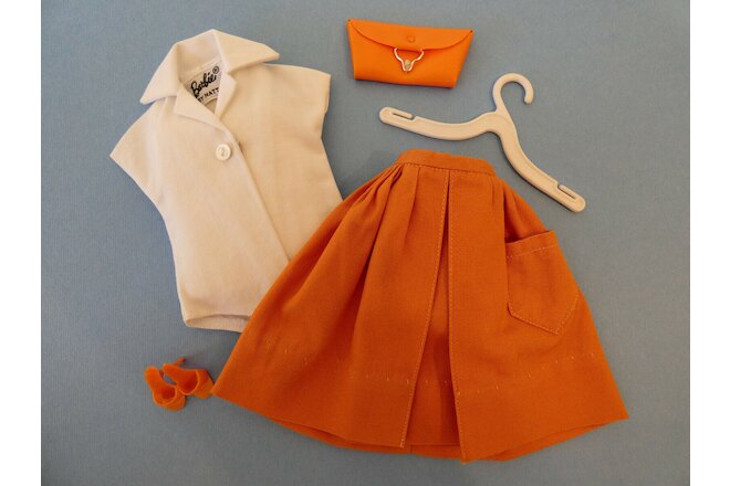 Vintage 1960s Barbie PAK White Body Blouse, Orange Skirt, Japan Shoes & Purse
