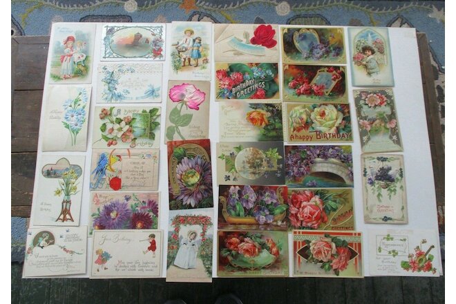 Lot of 30 ~ Vintage Postcards Birthday Greetings Embossed flowers children