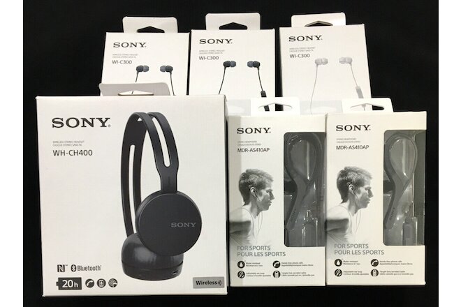 Lot of 6 NEW Sony Headphones WI-C300 WH-CH400 MDR-AS410AP