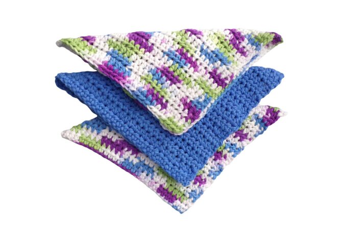 Crocheted Dishcloths, Set of 3 Handmade, Purple-Green-Blue