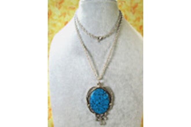 Vintage Large Blue Faux Stone Pendant w/ Silver Plated Rope Chain 28" / 1N
