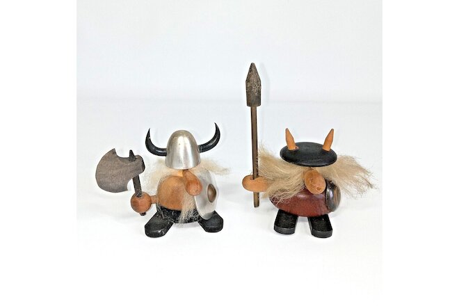 Vintage Wooden Viking Figurue Warrior Figurine Set of 2
