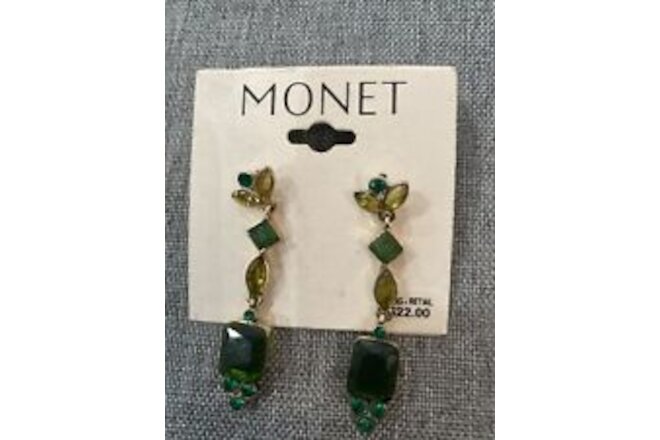 Monet NIP Vintage Gold Tone Emerald Color & Cut Drop Earrings Mfg $22 Steel Post