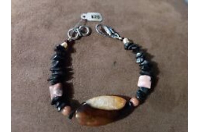 Artisan Dark Pink Black Orange Gemstone Jasper Onyx Rhodonite Bracelet 8"