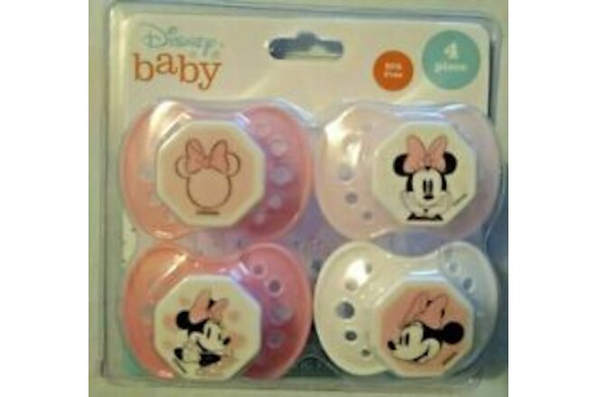 Disney Baby Girl Minnie Mouse Pink/White Ortho Pacifiers Soothers 4 Piece Binky