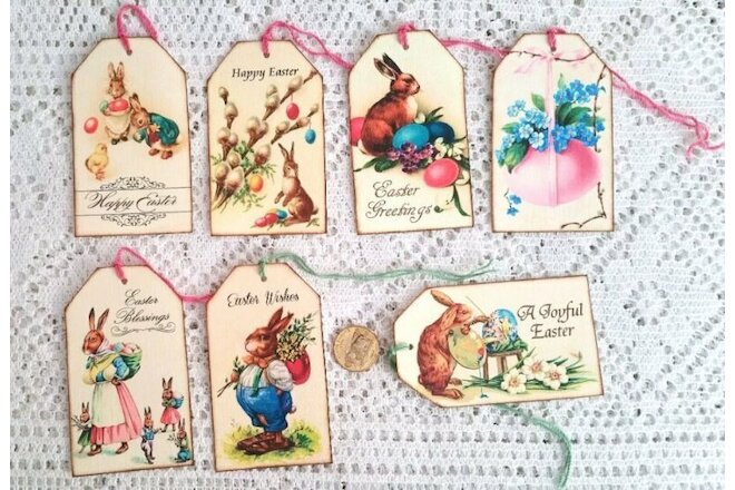 6~Easter~Vintage~Bunnies~Eggs~Fussy Cut~Linen Cardstock~Gift~Hang~Tags~Ornies