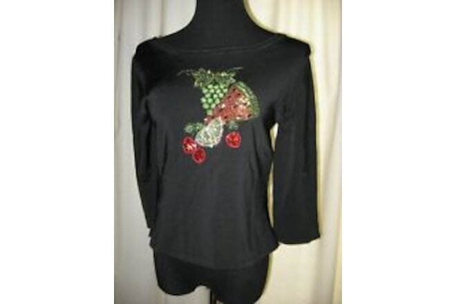 Belldini, Fitted Top,Stretch Nylon Knit, Black w Tropical Bling 3/4 Slv,S,L