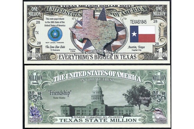 Lot of 100 BILLS -TEXAS STATE MILLION DOLLAR w MAP, SEAL, FLAG, CAPITOL