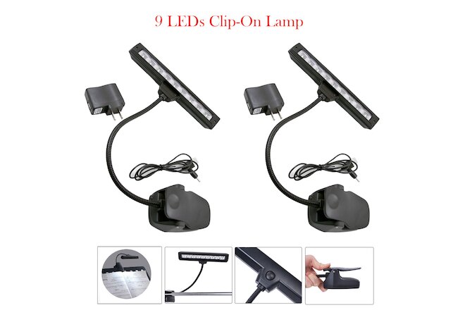 Lot2 9 LEDs Clip-On Lamp Light Black Flexible Orchestra Music Stand With Adapter