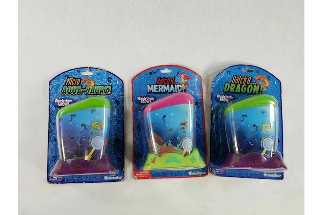 Lot Of 3 GrinStudios Hatch A Dragon Hatch A Mermaid Micro Aqua-Saurs Growing Kit