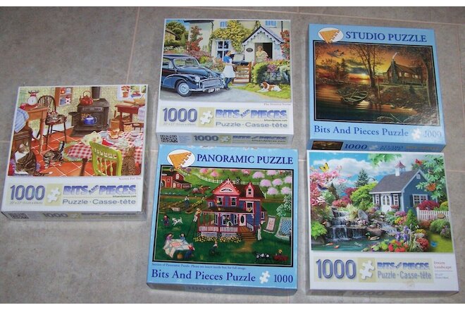 Lot of 5 (1 panoramic) Jigsaw Puzzles  1000 Pc Bits and Pieces Country  Tea Time
