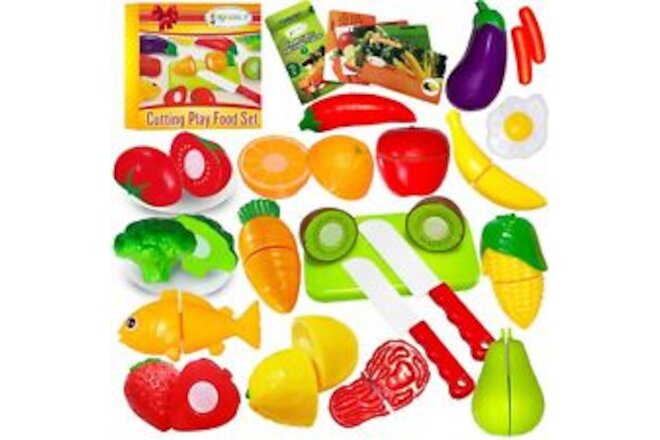 FUNERICA 37 PCS Cutting Play Pretend Food for Kids, Cuttable Fruits and