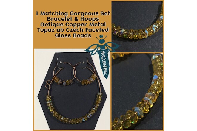 Bracelet & Hoop Earring Set Simple Jewelry AC Wire & Czech Topaz Glass Beads💛1