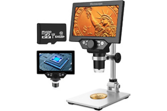 UF-TOOLS 7 Inch LCD Digital Microscope with 64GB TF Card, 1200x Magnification, 8