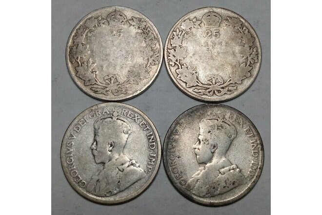 Lot of 4x Canada 25 Cents King George V Canadian Silver Quarters Worn Dates
