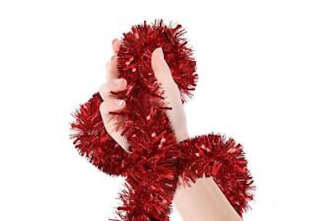 Christmas Tree Red Tinsel Garland Wide Cut Metallic Streamers Celebrate a Hol...