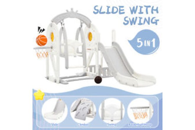 Toddler 5-in-1 Slide & Swing Set, Playground with Basketball Hoop