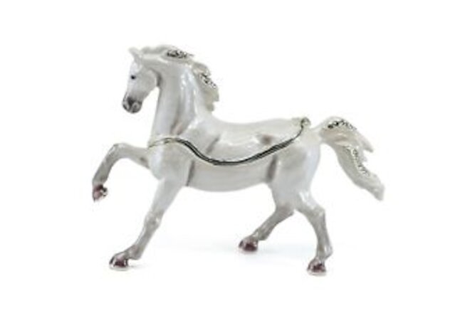 Bejeweled Enameled Pewter White Stallion Horse Trinket Box With Crystals 4.25"L