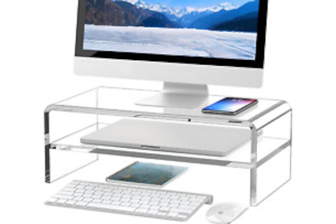 Clear Acrylic Monitor Stand Riser 2 Tier, 5.12 Inches High Clear Computer Desk O