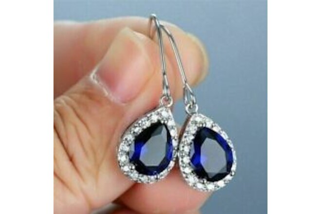 Pear Cut Lab-Created Sapphire Diamond Drop/Dangle Earrings 14K White Gold Plated