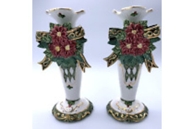 Vintage Christmas Poinsettia Candlestick Candle Holder 2 Piece Set Ceramic Kmart