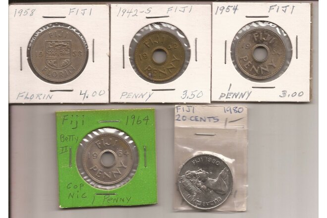Fiji 5 Vintage Coins Lot - 1942s - 1980  Florin Penny & 20 Cents Nice