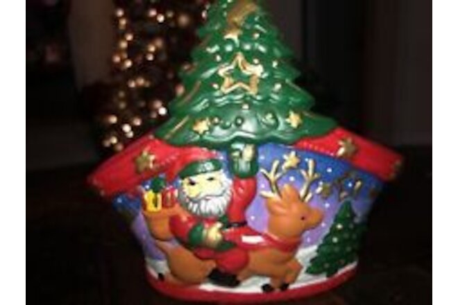 Brinns Hand Painted Santa With Reindeer Colorful Trinket Basket