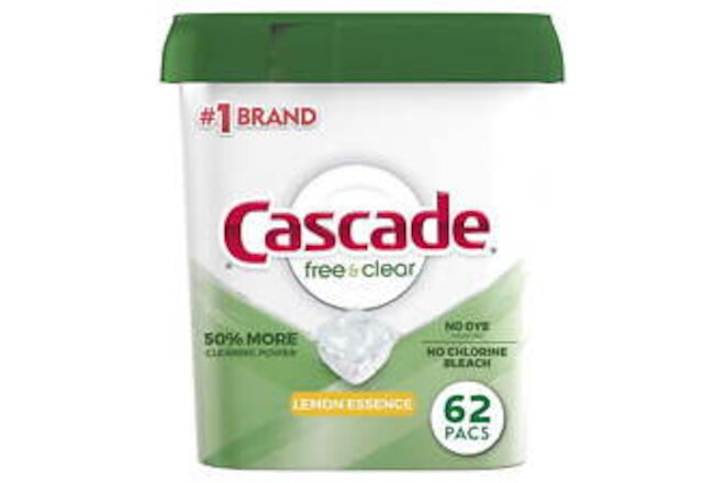 Cascade Free & Clear Action Pacs, Dishwasher Detergent, Lemon Essence, 62 Count