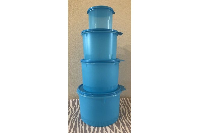 Tupperware Set of 4 Round Nesting Canisters Sheer Blue w/ Matching Seals New