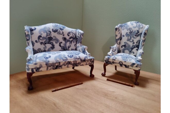Vintage 1:12 Dollhouse JBM Blue & White Settee and Armchair Repairs Needed