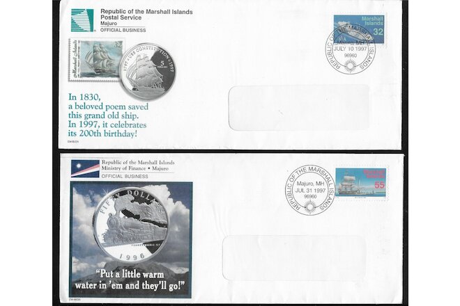 1994-6 Marshall Islands Lot of 2 Comm Coin Advertisement Covers sent to USA *VG*
