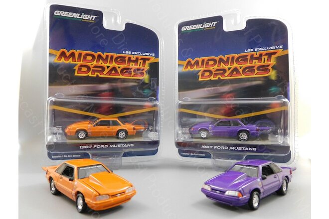 2020 Greenlight 1987 FORD MUSTANG LX 5.0 LBE Exclusive Midnight Drags 2 Car Set
