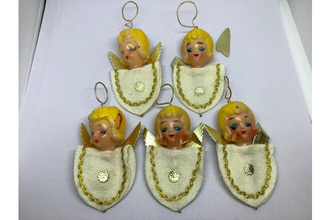 Vintage Angel Christmas Ornaments Felt Plastic Blonde set of 5 Package Toppers
