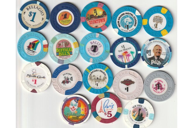 18 CASINO CHIPS FROM CASINOS ALL AROUND-VARIOUS LOCATIONS, ONE SIDE OFF COLOR