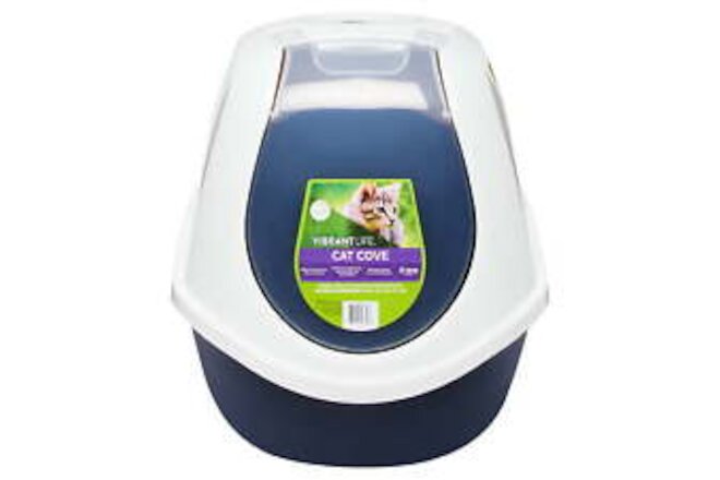 Mega Smart Cat Cove Enclosed Cat Litterbox, Navy & White