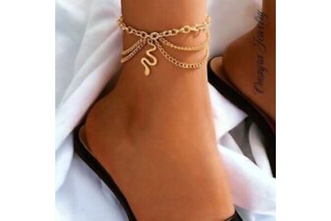 Gold Women Snake Multilayer Ankle Bracelet