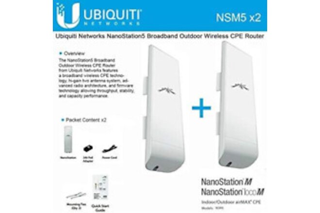 Ubiquiti NSM5 Bundle of 2 Nanostation M5 5Ghz Outdoor Airmax CPE 150+Mbps 15+Km
