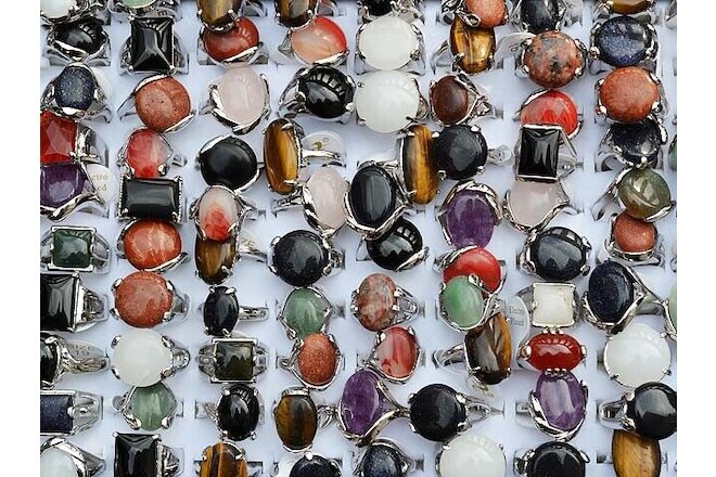 Wholesale lots jewelry 20pcs Big assorted Natural Gemstone Stone Silver P Rings