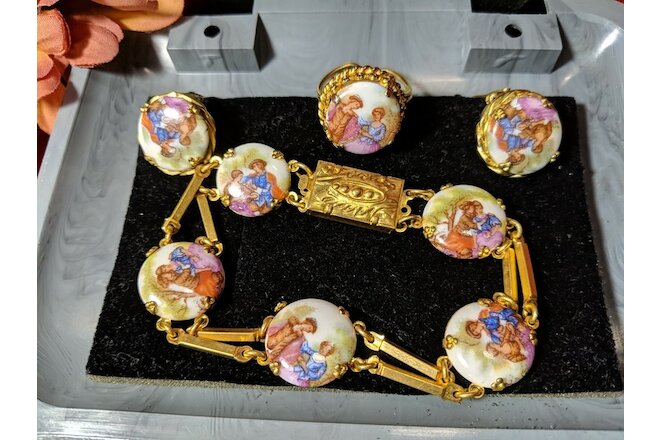 Limoges Antique 3 pc Set Porcelain Jewelry Bracelet, Ring, Earrings, Lucite Case