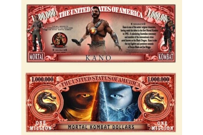 Mortal Kombat Kano Collectible Pack of 25 Funny Money 1 Million Dollar Bills
